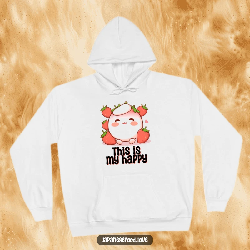 Funny Hoodie featuring a happy, giggling strawberry mochi character with bright rosy cheeks, designed for ultimate comfort and cheer.