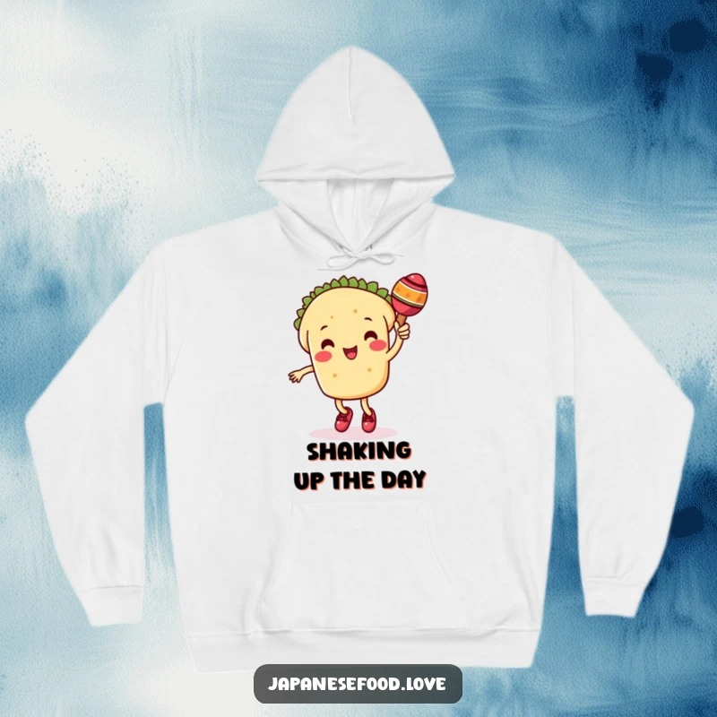 Funny taco hoodie featuring a cute taco character happily dancing with a maraca, designed for warmth and festive vibes.