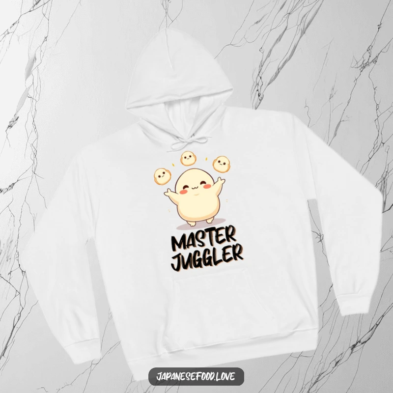 Funny hoodie featuring a plump dumpling character joyfully juggling glowing dumplings, offering cozy and delightful vibes.