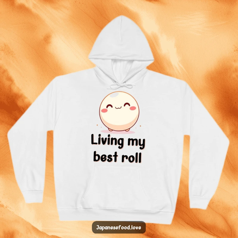 Funny hoodie displaying a giddy mochi ball character rolling with pure delight, perfect for cozy, humorous wear.