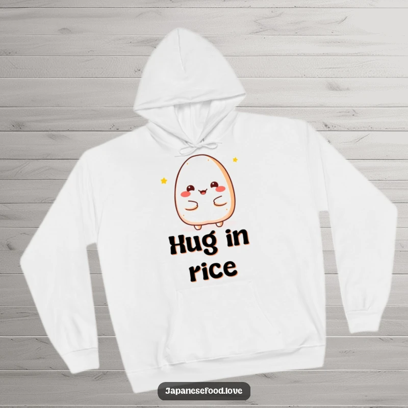 Funny Hoodie featuring a cheerful onigiri character offering a warm embrace, perfect for staying cozy and feeling loved.