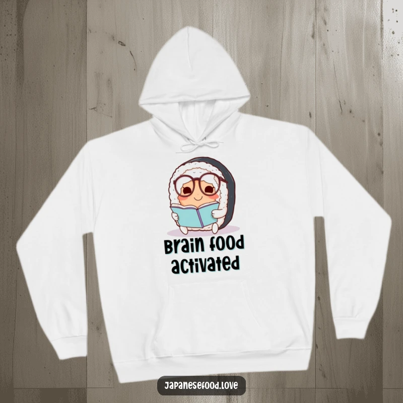 Funny Sushi Hoodie: Soft hoodie featuring a smiling sushi roll with spectacles reading, offering humorous warmth and intellect.