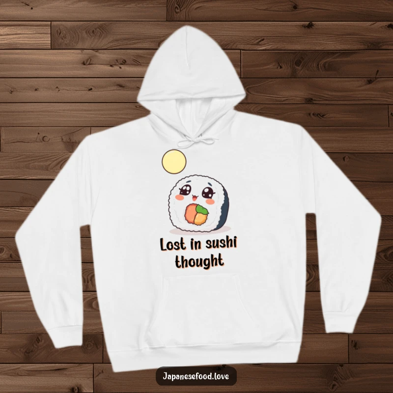 Funny Hoodie featuring a sushi roll with wide eyes gazing at the moon, offering warmth and whimsical charm.