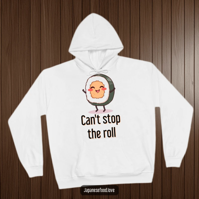 Funny hoodie displaying a cheerful sushi roll with miniature legs executing a lively, joyous jig.
