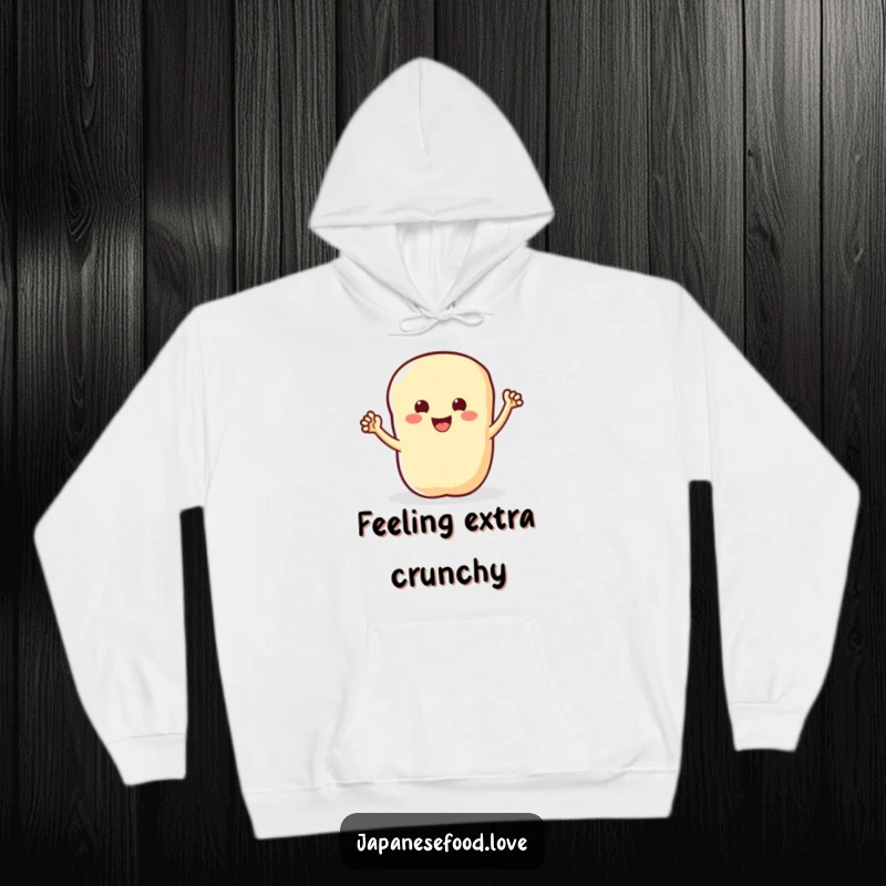 Funny hoodie featuring a happy tempura piece with small arms waving enthusiastically, perfect for cozying up.