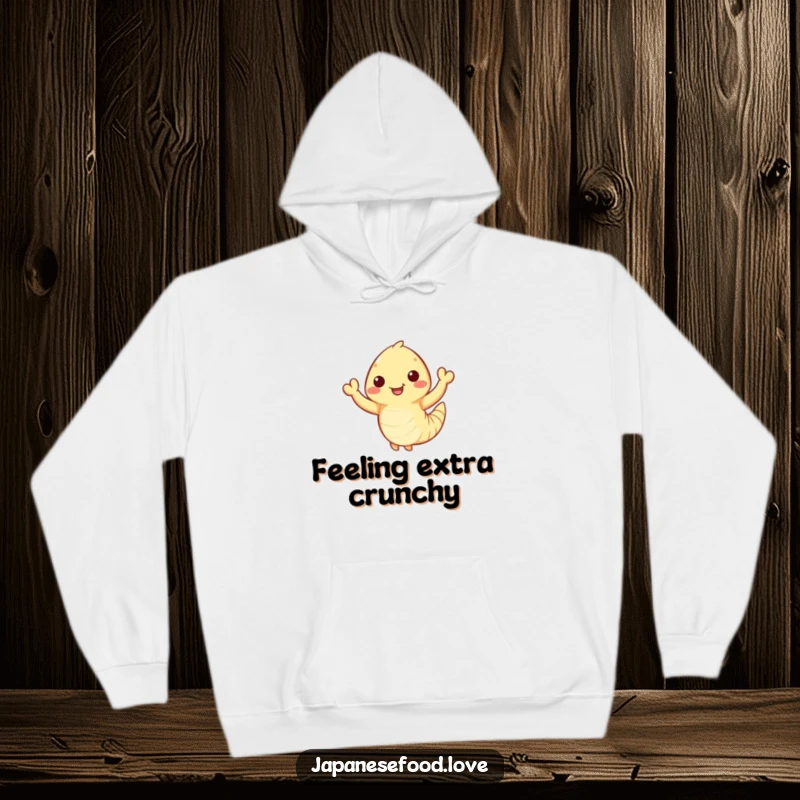 Funny Waving Tempura Shrimp Hoodie: Happy tempura shrimp with tiny arms waves enthusiastically, cozy apparel, seafood humor, funny gift.