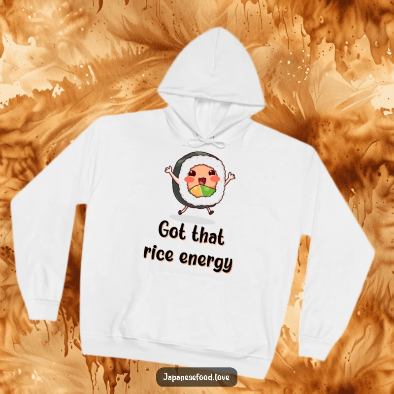 Funny Dancing Sushi Roll Hoodie: Sushi roll with tiny legs dancing a jig, cozy apparel, food humor, funny gift.