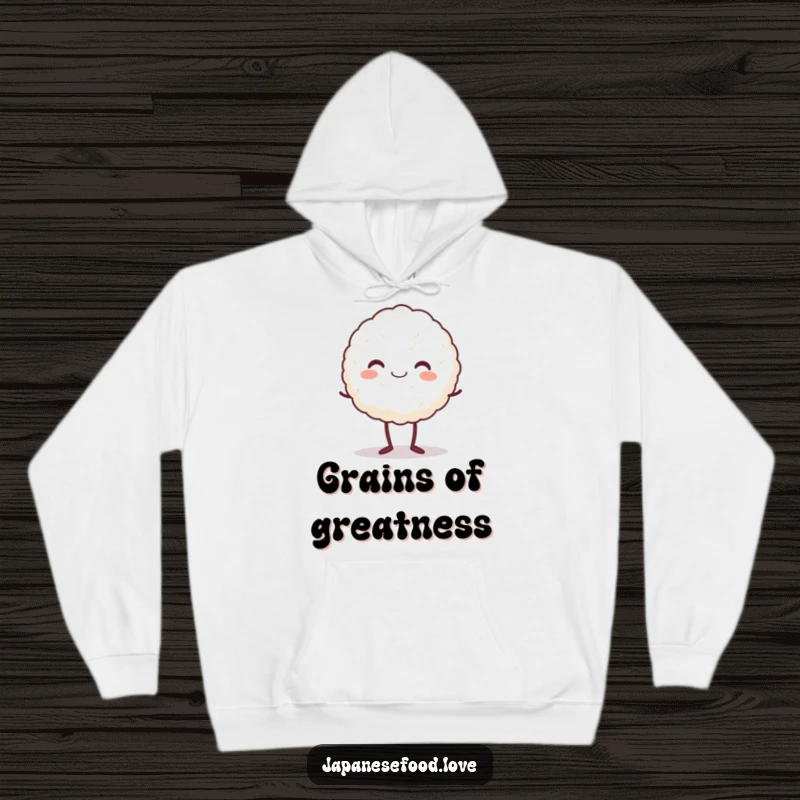Funny hoodie featuring a delighted rice ball character standing on tiptoe with a beaming smile, perfect for cozy, happy moments.