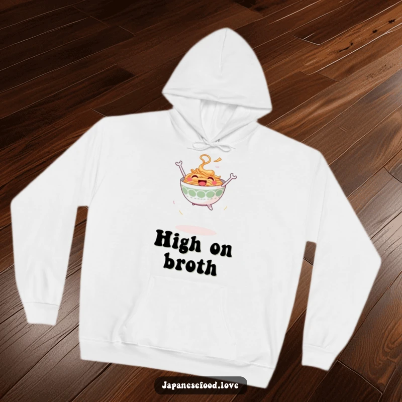 Funny Jumping Ramen Bowl Hoodie: Smiling ramen bowl leaping joyfully into the air, cozy apparel, noodle humor, funny gift.