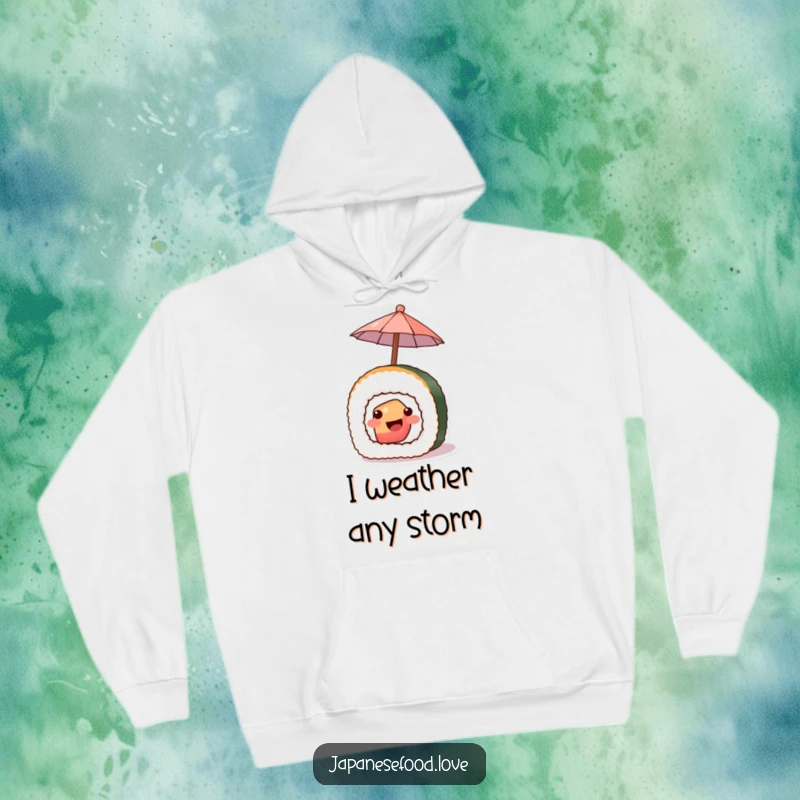 Funny hoodie featuring a grinning piece of sushi holding a tiny umbrella, offering cozy protection and smiles.