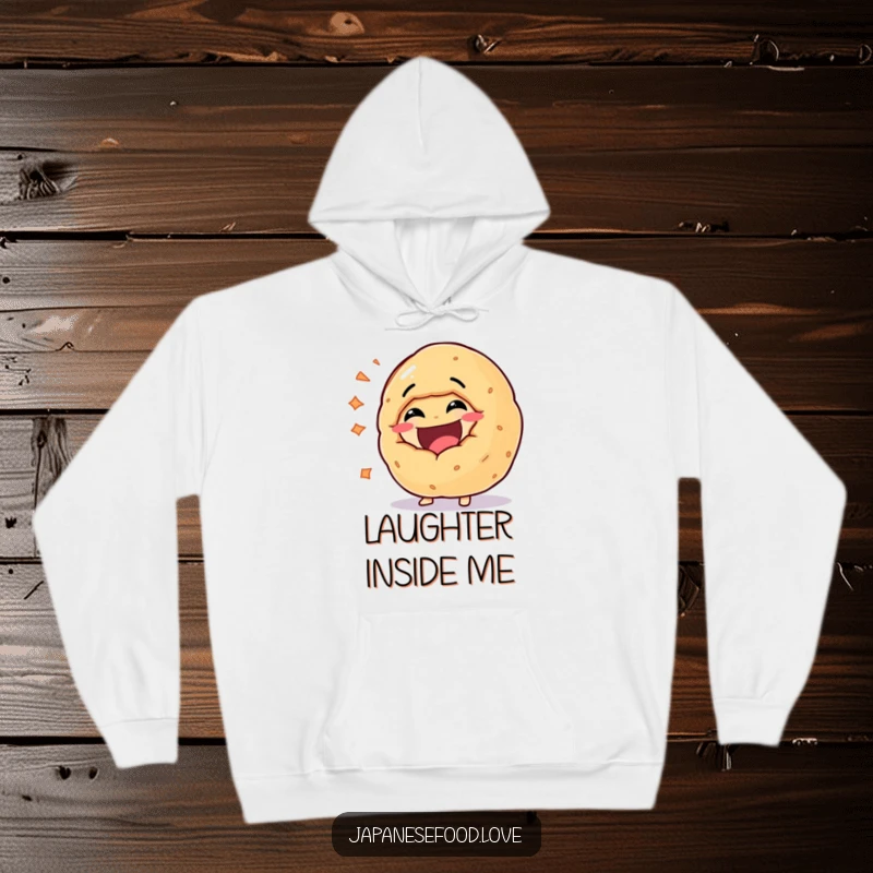 Funny hoodie with a cheerful fortune cookie shaped character bursting with infectious laughter, its expression full of pure mirth and delight.