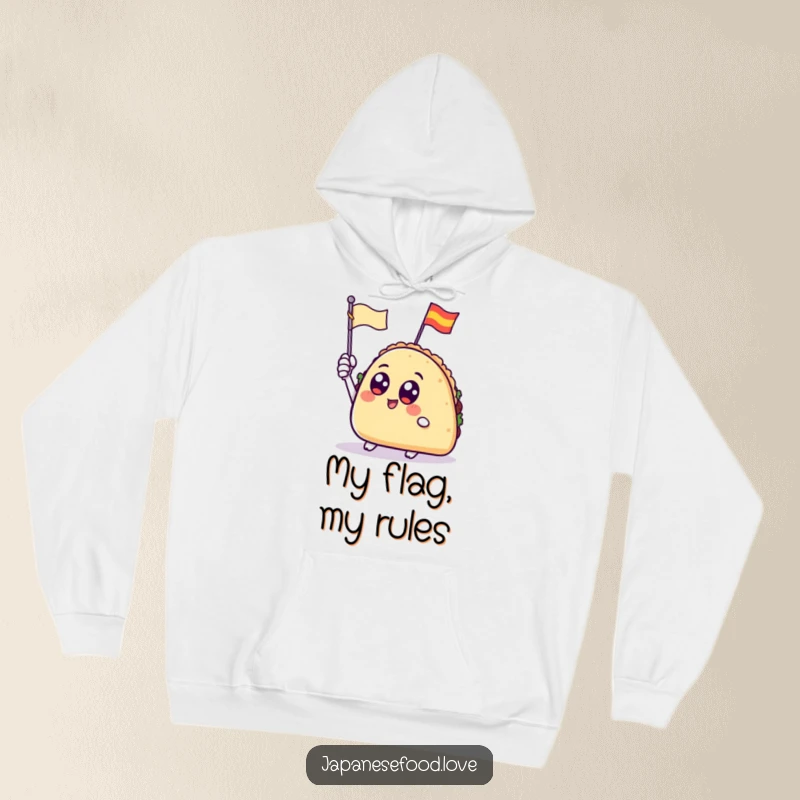 Cozy hoodie showcasing a taco with big, round eyes enthusiastically waving a tiny flag, designed for warmth.