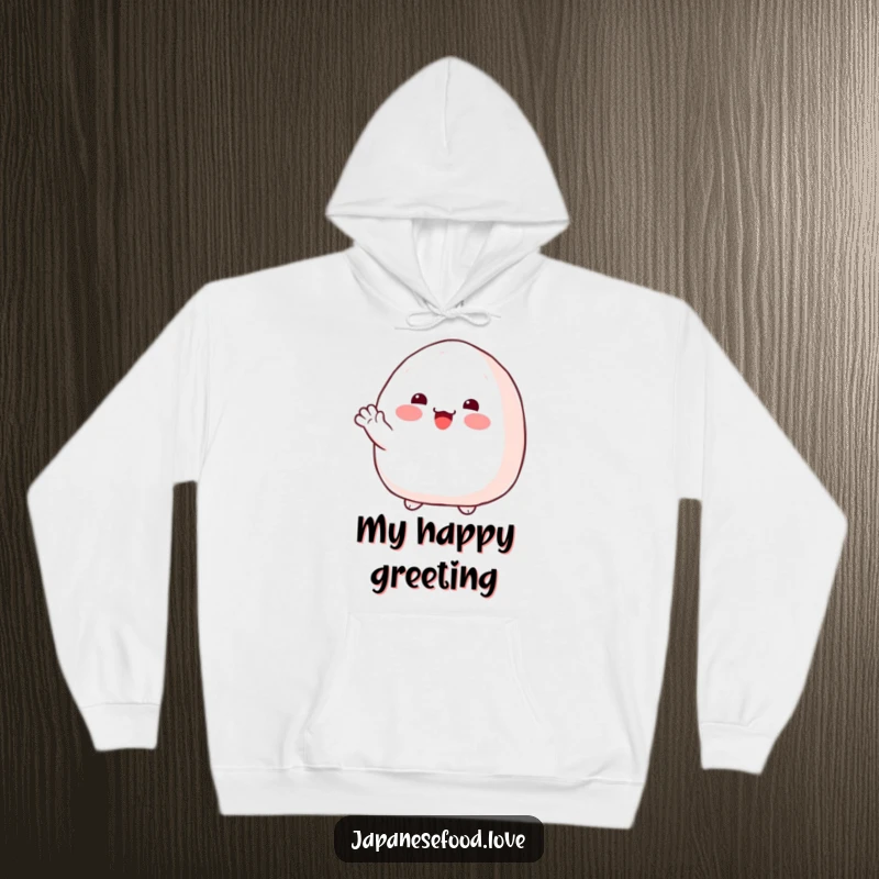 Funny onigiri hoodie depicting a plump rice ball with rosy cheeks, offering a cheerful and friendly wave.
