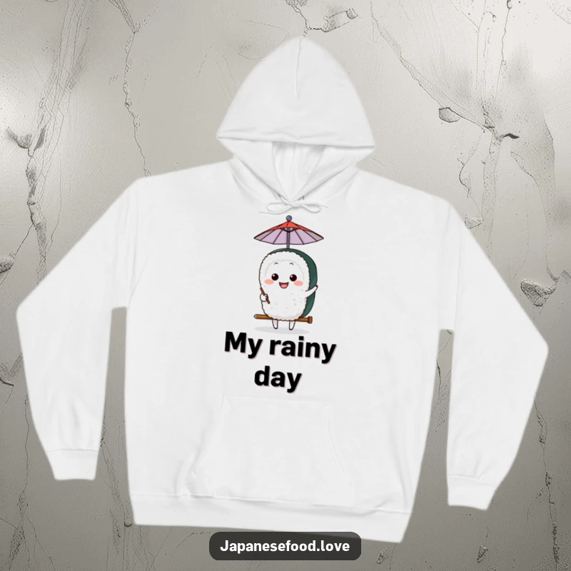 Funny Sushi Umbrella Hoodie: A grinning sushi character humorously shields itself with a small umbrella, perfect for chilly days.