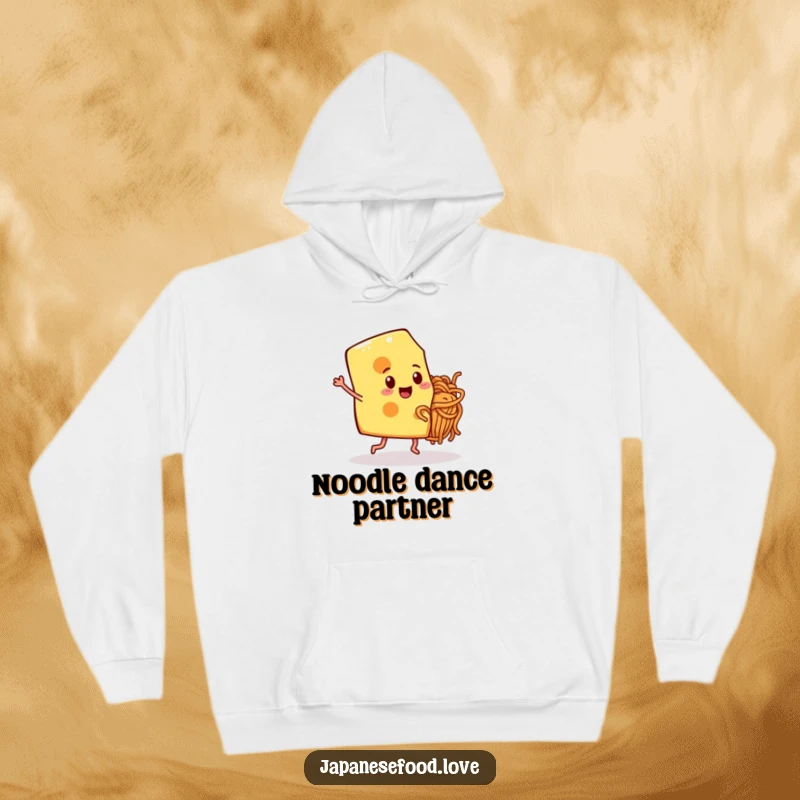 Cozy hoodie showcasing a cheerful cheese slice on legs dancing with a noodle friend, designed for ultimate comfort.
