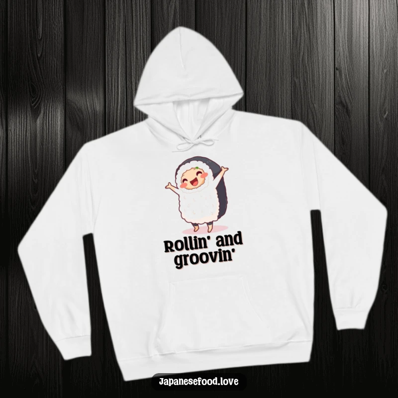 Funny hoodie showing a plump, smiling sushi roll attempting a clumsy pirouette, offering warmth and food-themed amusement.
