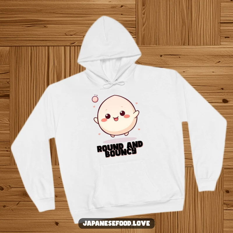 Funny Hoodie featuring a cheerful mochi character bouncing like a rubber ball, perfect for staying warm and feeling energetic.
