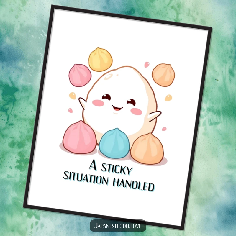 Funny Free Printable Wall Art of a fluffy mochi with a cheerful grin juggling colorful dumplings, a charming and playful design.