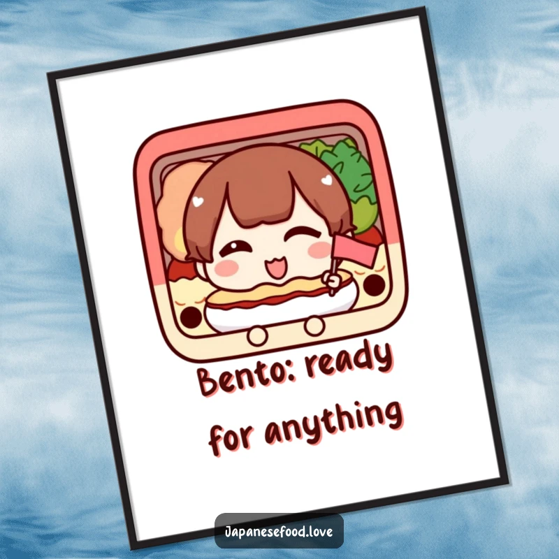 Funny Free Printable Wall Art: A happy bento box character giving a charming wink and holding a tiny celebratory flag.