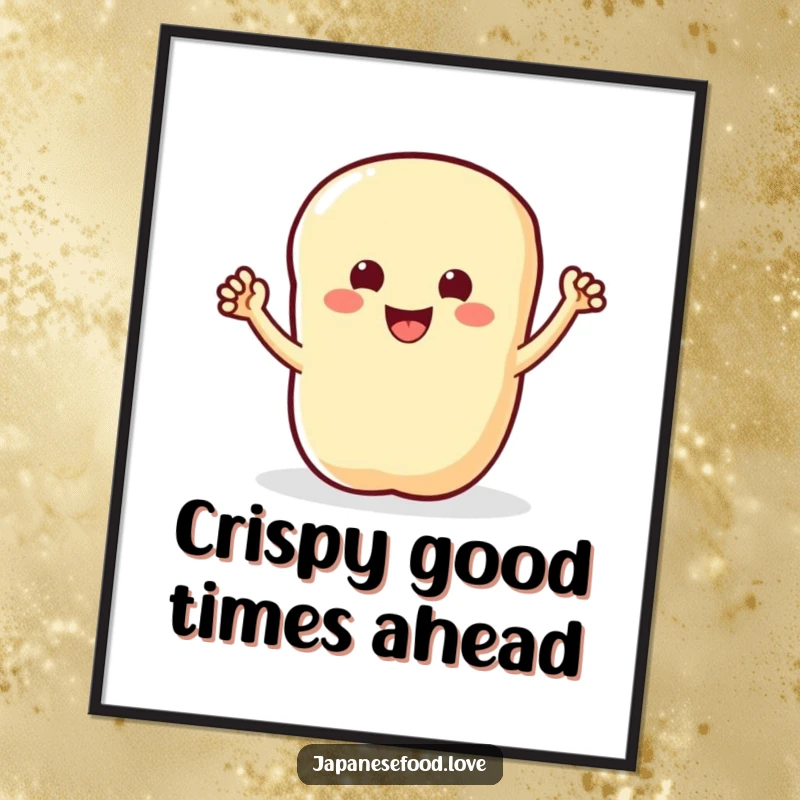 Funny Free Printable Tempura Wall Art: Smiling piece of tempura with tiny arms waving enthusiastically, a delightful and funny food illustration.