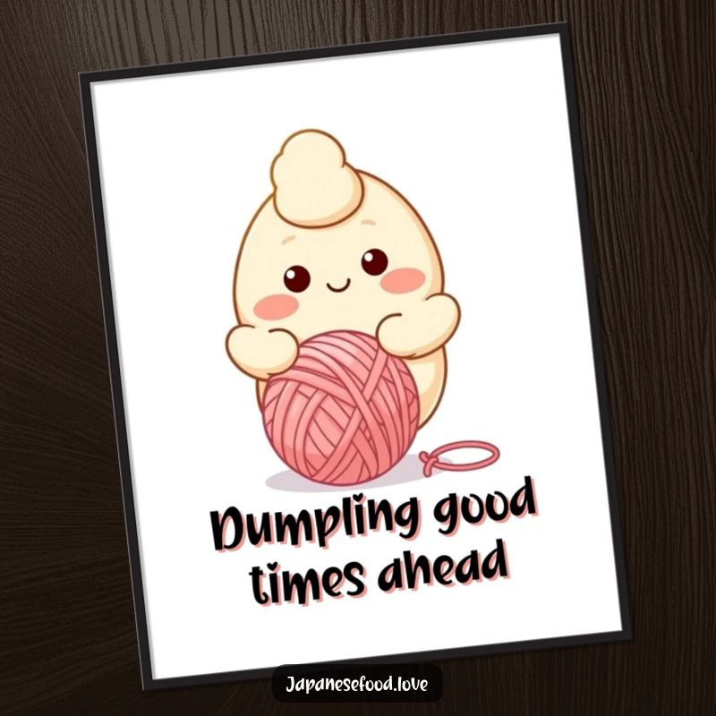 Funny Free Printable Wall Art of a smiling dumpling character happily bouncing a big ball of yarn.