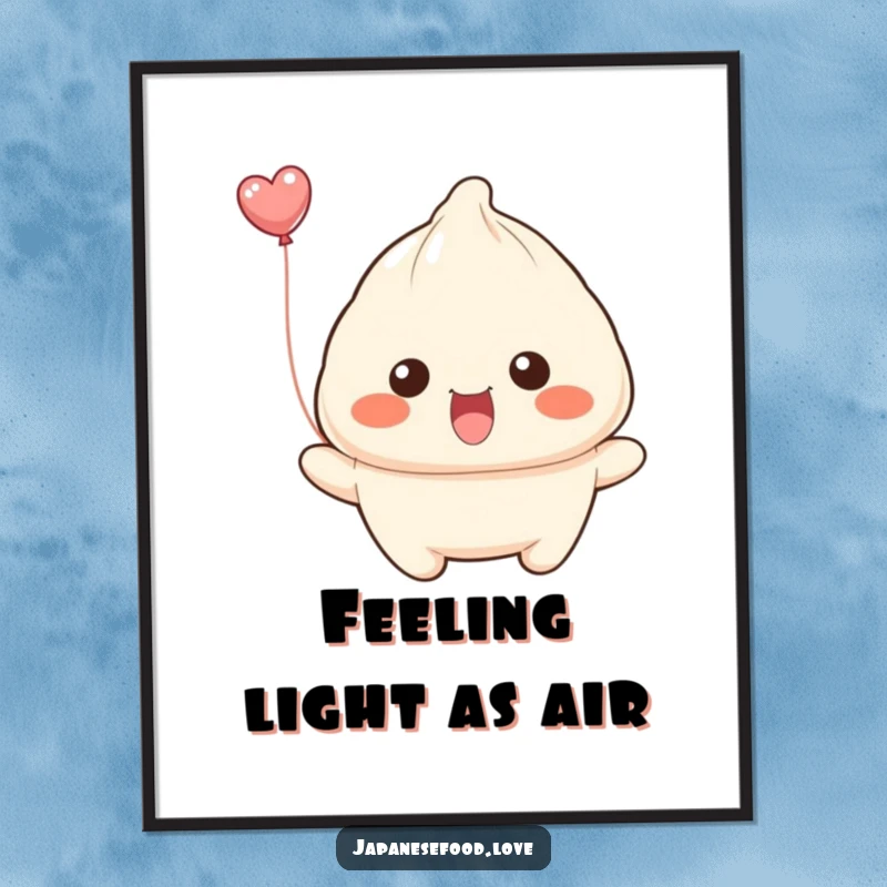 Funny Free Printable Wall Art: A dumpling with a wide smile attempts to float away like a balloon, a cheerful sight.