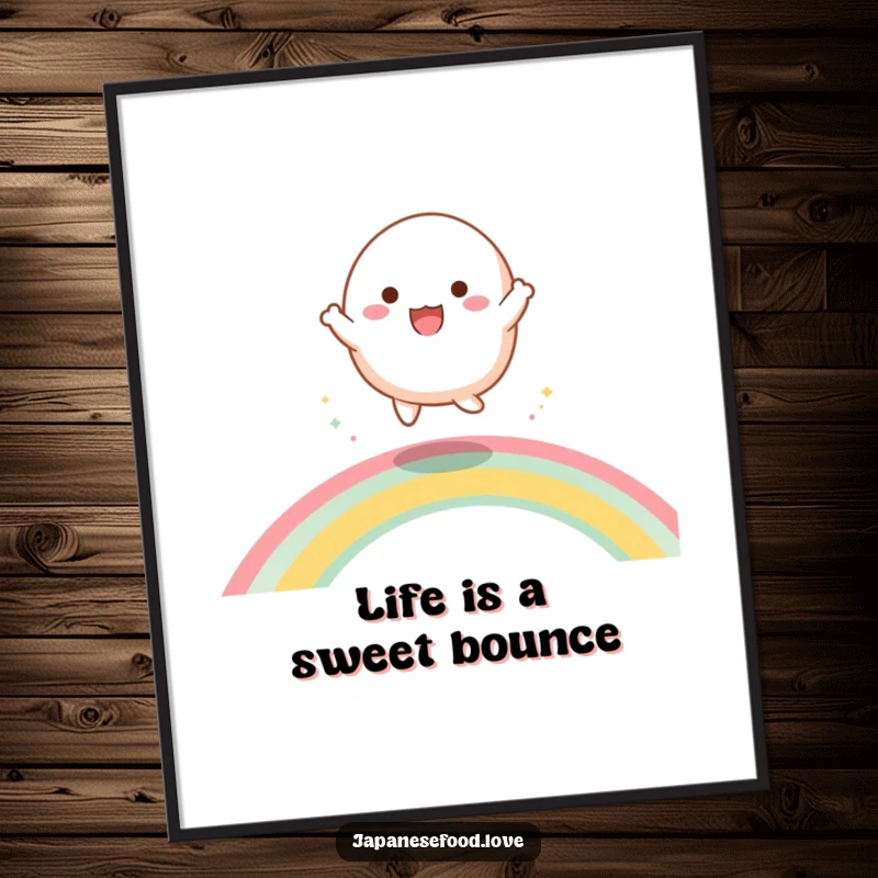 Funny Free Printable Mochi Rainbow Wall Art, dancing mochi character energetically bouncing on a vibrant rainbow, playful downloadable decor.