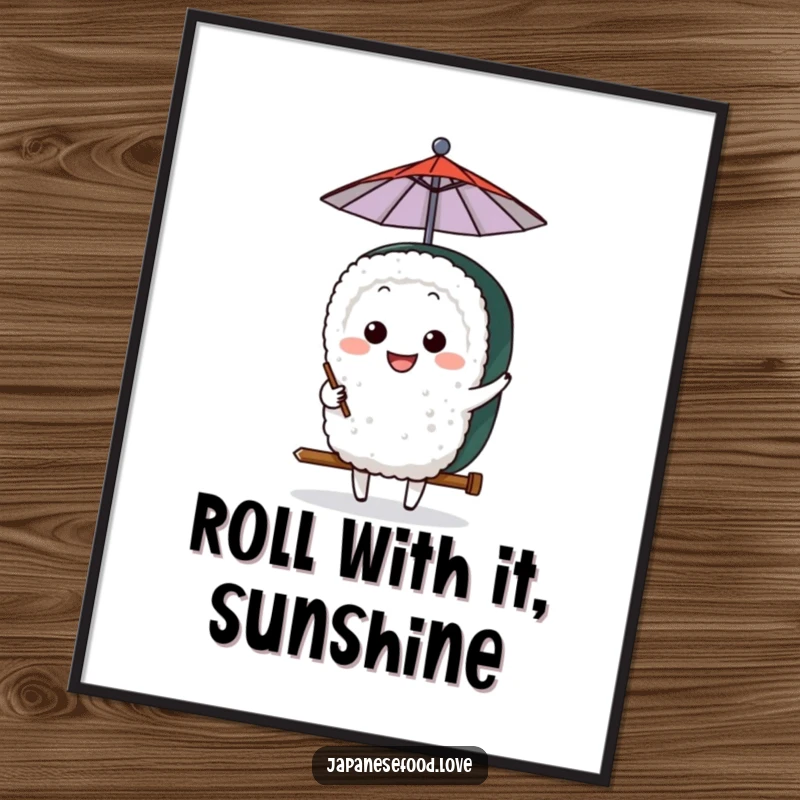 Funny Free Printable Sushi Wall Art: A grinning sushi character jauntily holding a small umbrella, adding whimsy.