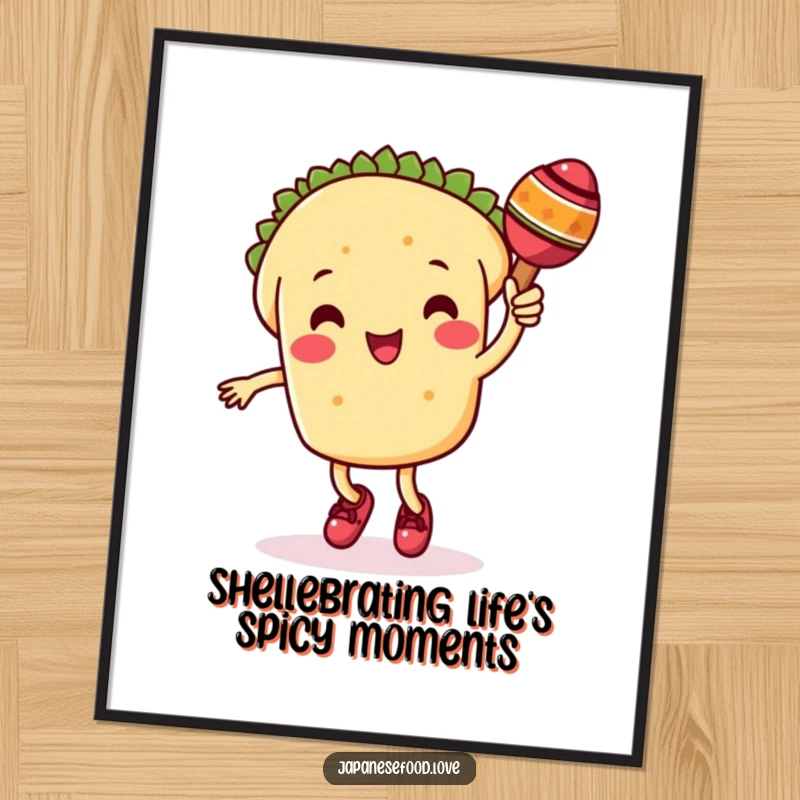 Funny Free Printable Wall Art of a cute taco character happily dancing with a maraca, adding a vibrant and humorous fiesta vibe.