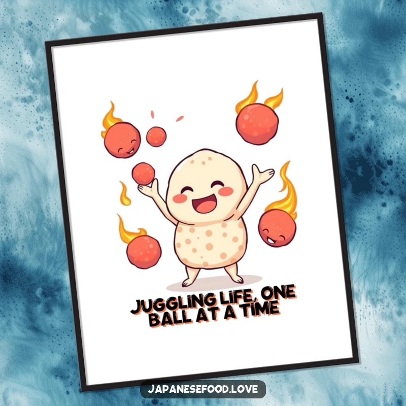 Funny Free Printable Wall Art: A jovial takoyaki character comically juggling bright, fiery octopus balls with a fun, energetic flair.