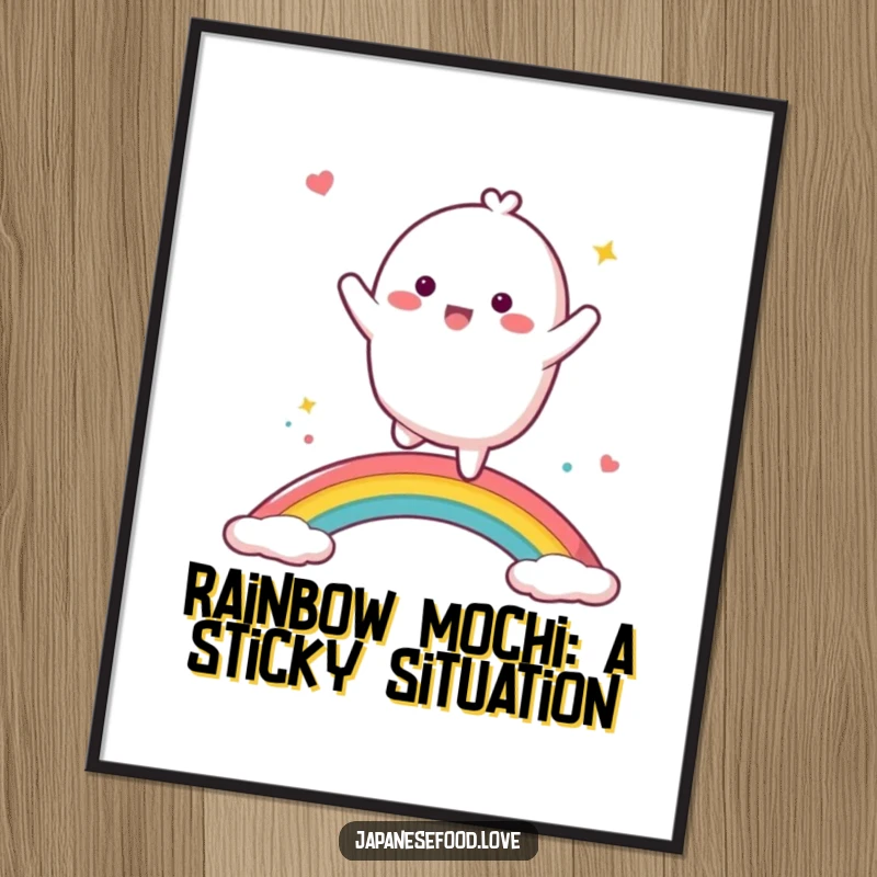 Funny Free Printable Wall Art: A vibrant, energetic mochi character dancing joyfully across a colorful rainbow, bringing whimsical art to any wall.