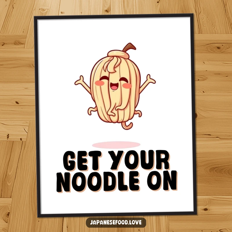Funny Free Printable Wall Art: An udon noodle character in mid-dance, arms flailing joyfully with exaggerated, happy movements.
