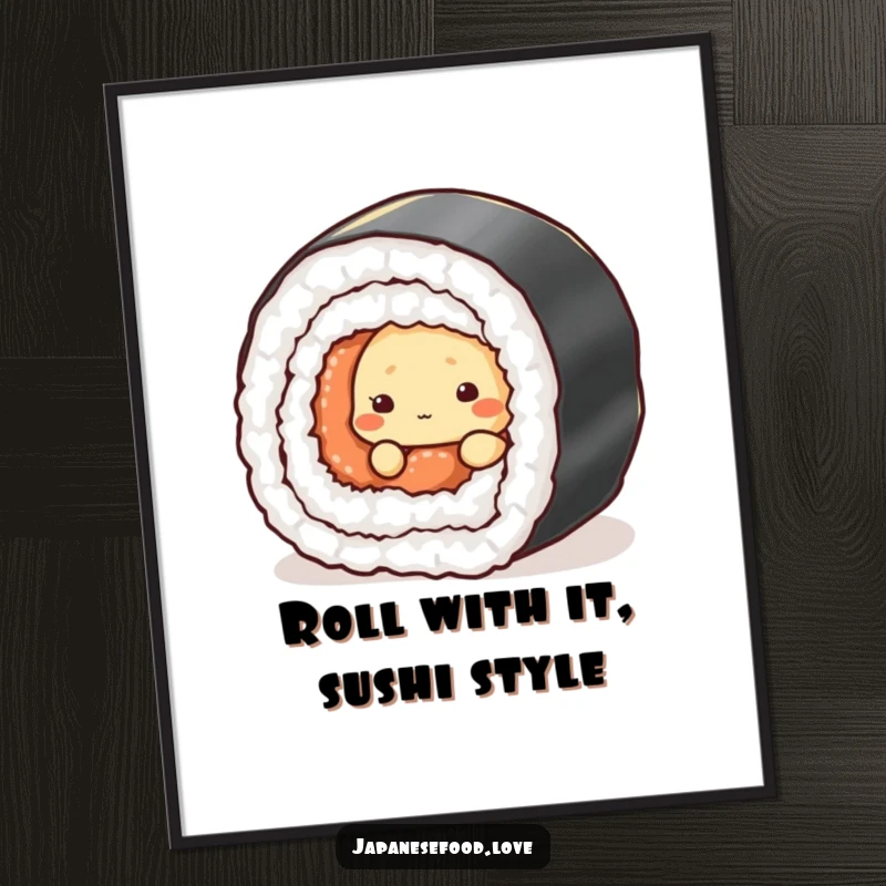 Funny Free Printable Wall Art: Shy tempura character adorably peeking from behind a large sushi roll, adding playful decor.