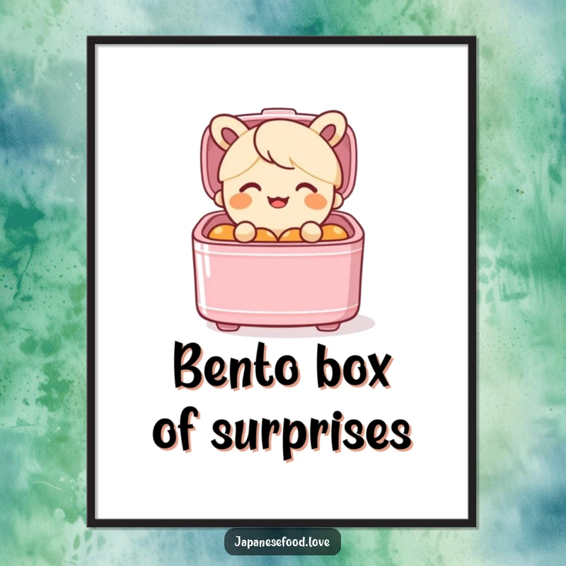 Funny Free Printable Wall Art: A smiling bento box character comically popping out of its container lid.