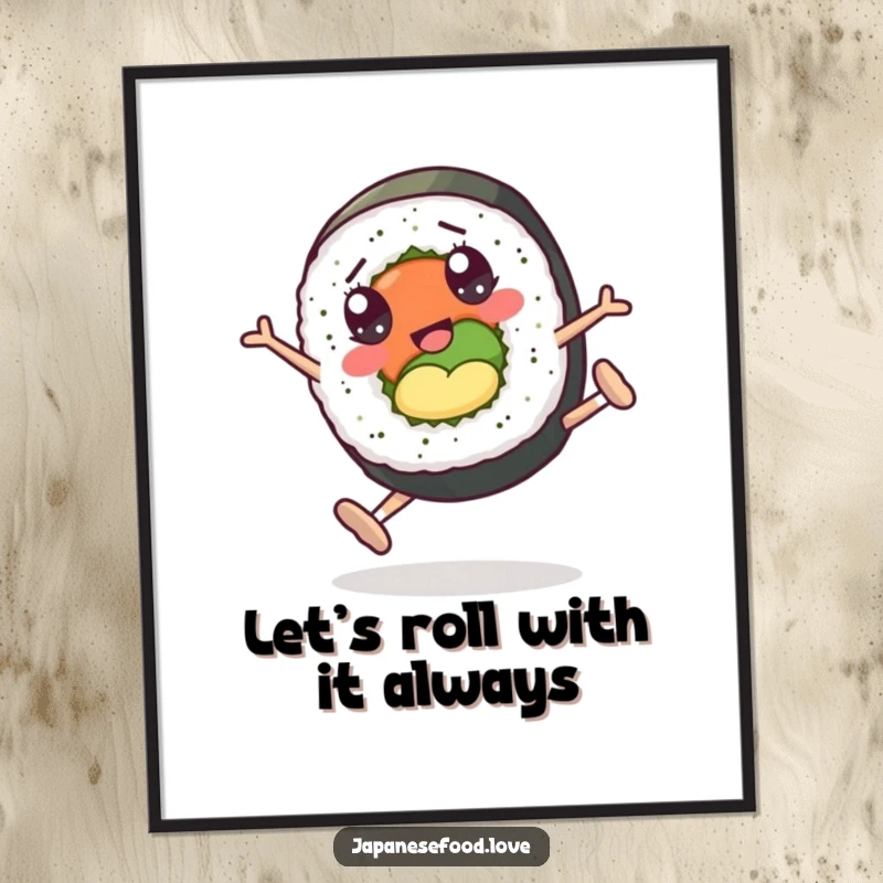 Funny Free Printable Wall Art of a sushi roll character with big googly eyes doing energetic cartwheels.