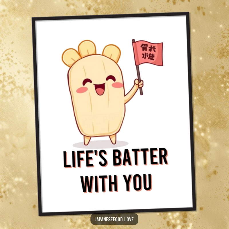 Funny Free Printable Wall Art: A happy tempura character joyfully waves a tiny flag, bringing cheer.