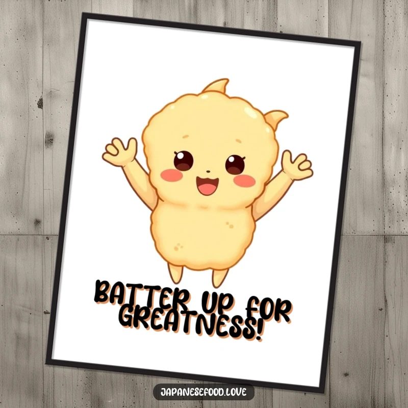 Funny Free Printable Wall Art: A piece of tempura with cute arms joyfully waves hello.