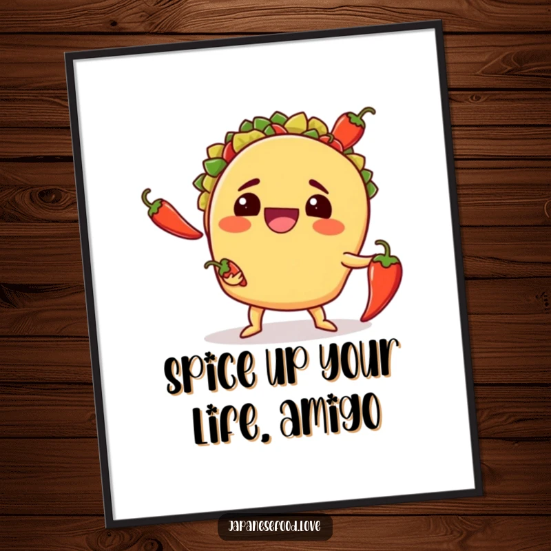 Funny Free Printable Wall Art of a taco with a wide grin, clumsily juggling three bright red chili peppers, full of zest.