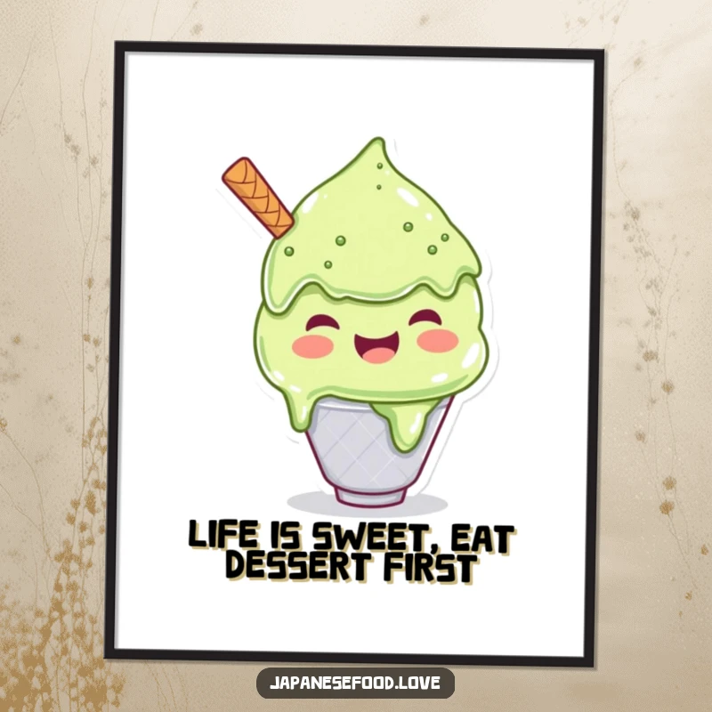 Funny Free Printable Wall Art: A joyful matcha ice cream character comically scooping an impossibly huge portion for itself with pure delight.