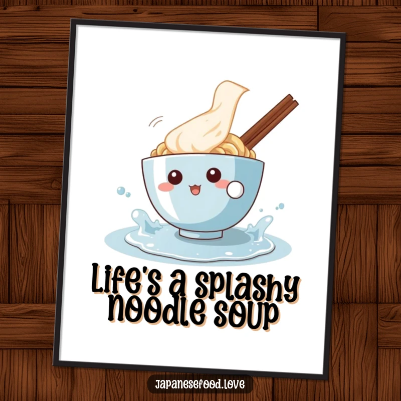 Funny Free Printable Wall Art: A ramen bowl character playfully splashes in a puddle, bringing joy.