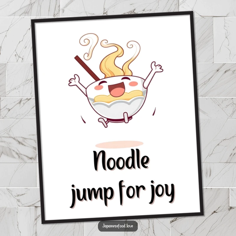 Funny Free Printable Wall Art: An excited ramen bowl with steam swirls performs a joyful leap, playful downloadable art.