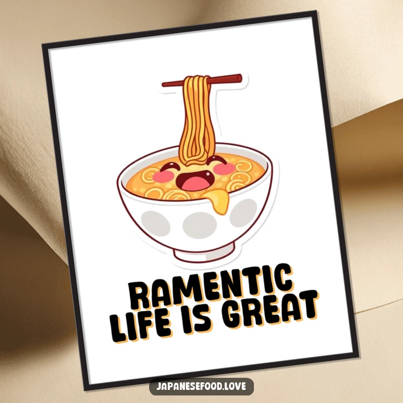 Funny Free Printable Ramen Wall Art: Joyful ramen bowl with a prominent smiley face, doing a happy bounce, a fun and quirky food illustration.
