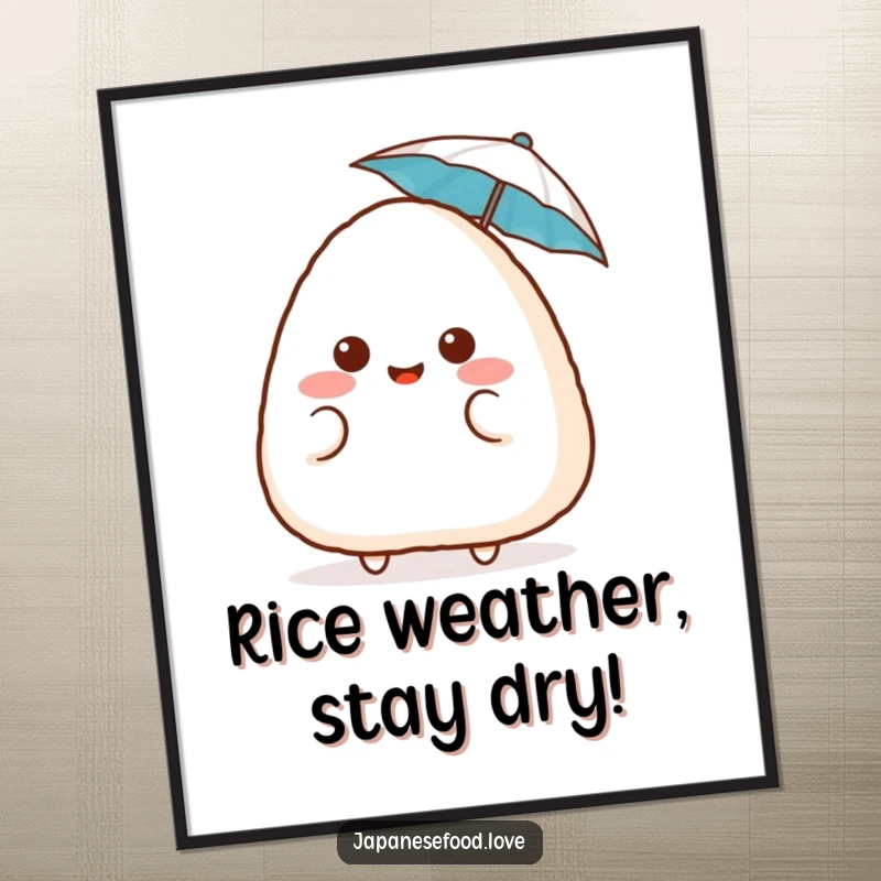 Funny Free Printable Wall Art: a surprised onigiri with a blush, holding a tiny umbrella, adding a touch of whimsical charm.