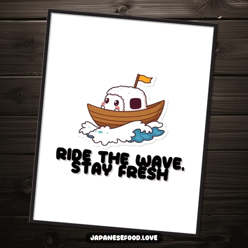 Funny Free Printable Wall Art depicting a sushi boat character sailing gleefully across a tiny, foamy wave, embodying pure joy.