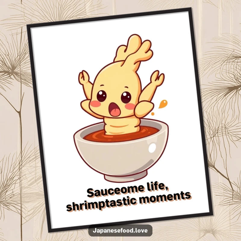 Funny Free Printable Wall Art: A surprised tempura shrimp character mid-air, jumping out of a sauce bowl with a comical expression. Quirky decor.