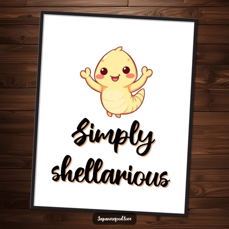 Funny Free Printable Wall Art of a happy tempura shrimp with tiny arms waving enthusiastically, a fun and friendly design.