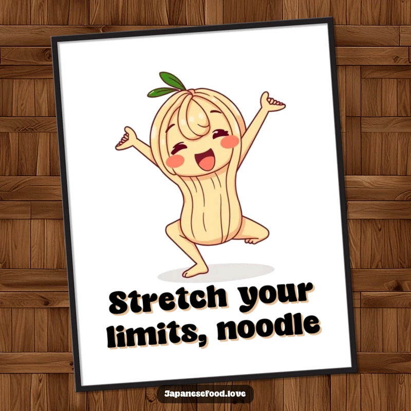 Funny Free Printable Wall Art: A wobbly ramen noodle character gracefully holding a challenging yoga pose, radiating calm amusement. Whimsical decor.