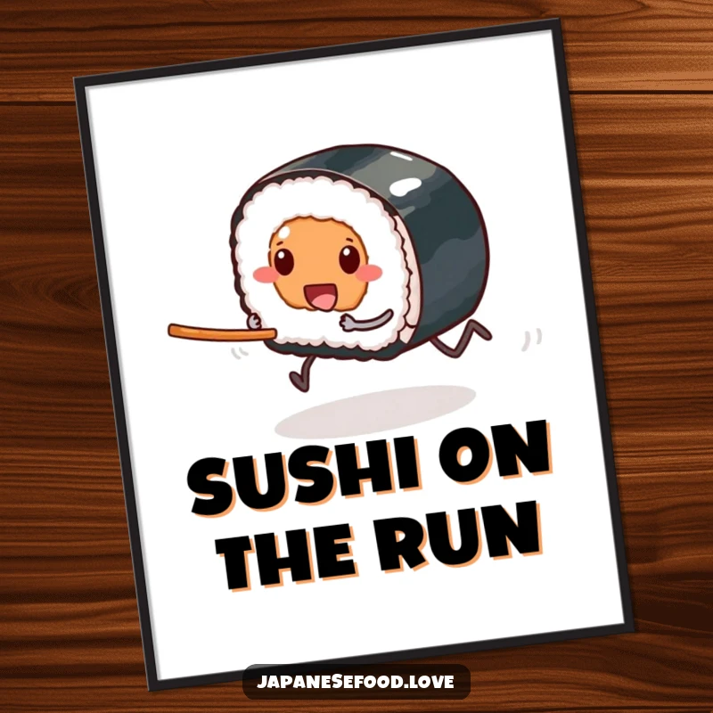 Funny Free Printable Sushi Wall Art: Sushi with tiny legs in a determined race towards a waiting chopstick.