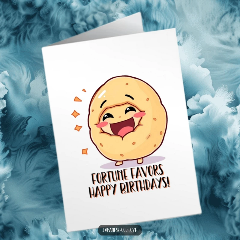 Funny free printable birthday card featuring a giant fortune cookie bursting with uncontrollable laughter, spreading joy.