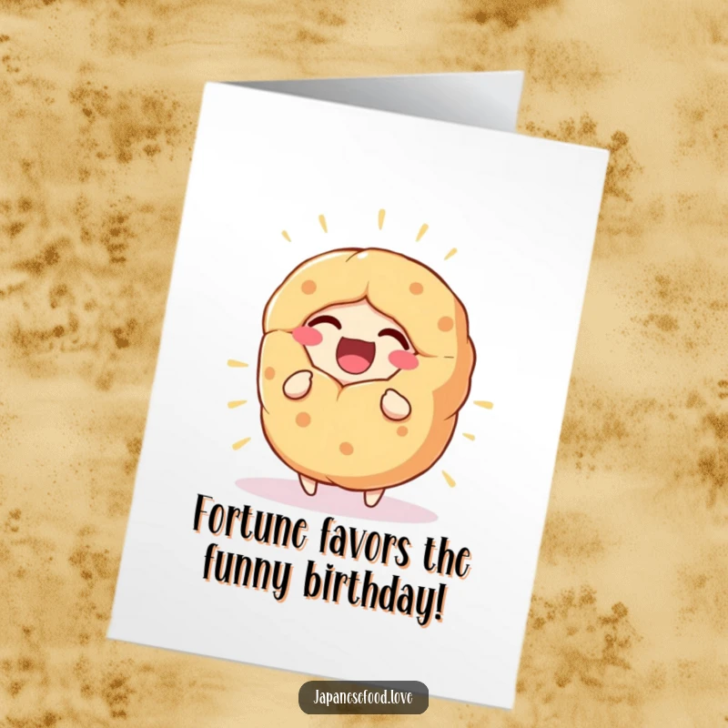 Funny Free Printable Birthday Card: A giant fortune cookie character bursts with uncontrollable, infectious laughter, spreading cheer.